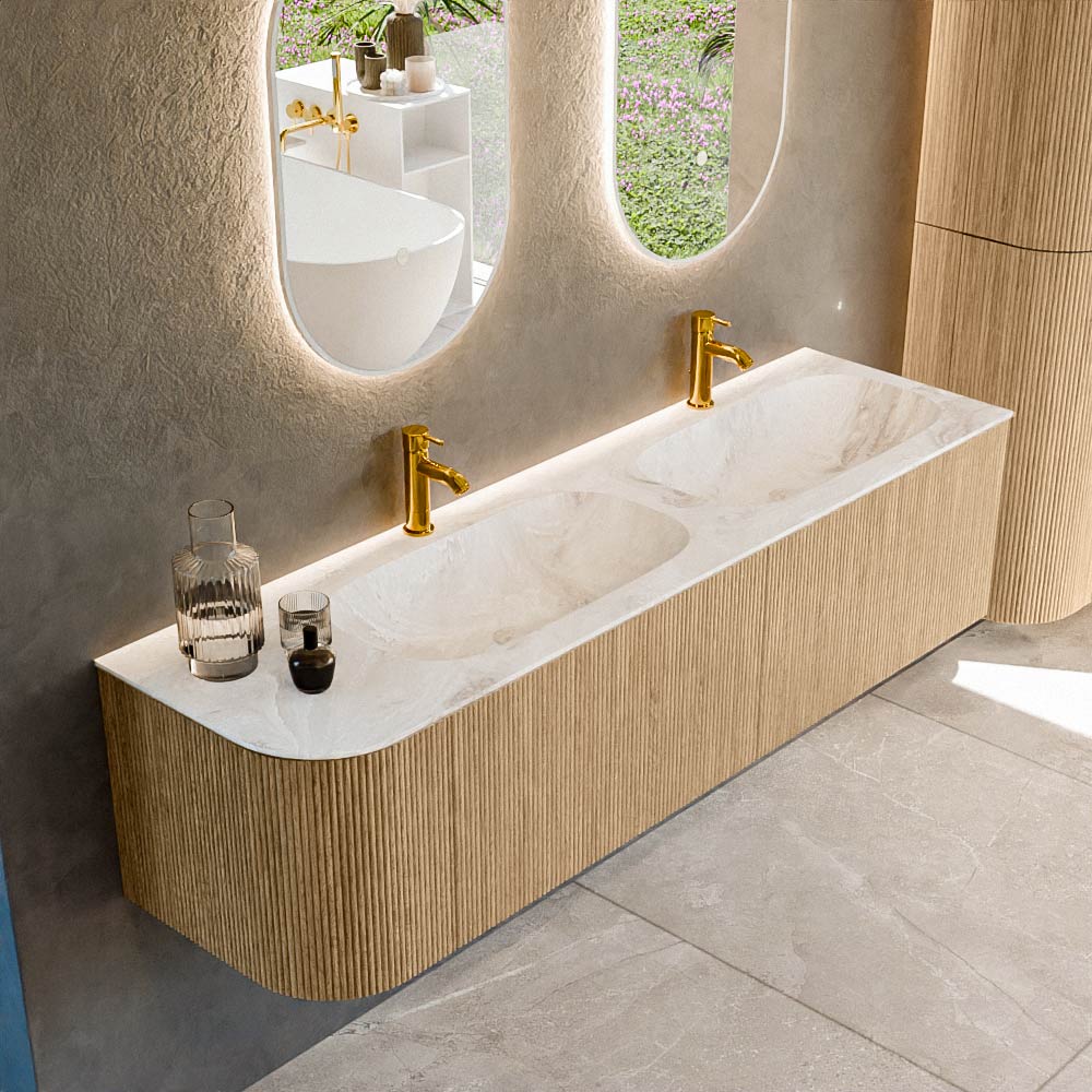 MONDIAZ KURVE-DLUX 165cm mueble de baño curva Izquierda color Oak con 2 cajones y 1 puerta. Lavabo STOR SMALL Doble / Derecho 2 orificios Frappe. 1 MONDIAZ KURVE-DLUX 165cm mueble de baño curva Izquierda color Oak con 2 cajones y 1 puerta. Lavabo STOR SMALL Doble / Derecho 2 orificios Frappe.