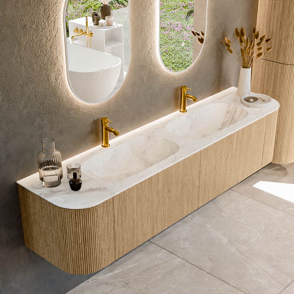 MONDIAZ KURVE-DLUX 190cm mueble de baño curva Izquierda + Derecha color Oak con 2 cajones y 2 puertas. Lavabo STOR SMALL Doble 2 orificios Frappe. 1 MONDIAZ KURVE-DLUX 190cm mueble de baño curva Izquierda + Derecha color Oak con 2 cajones y 2 puertas. Lavabo STOR SMALL Doble 2 orificios Frappe.