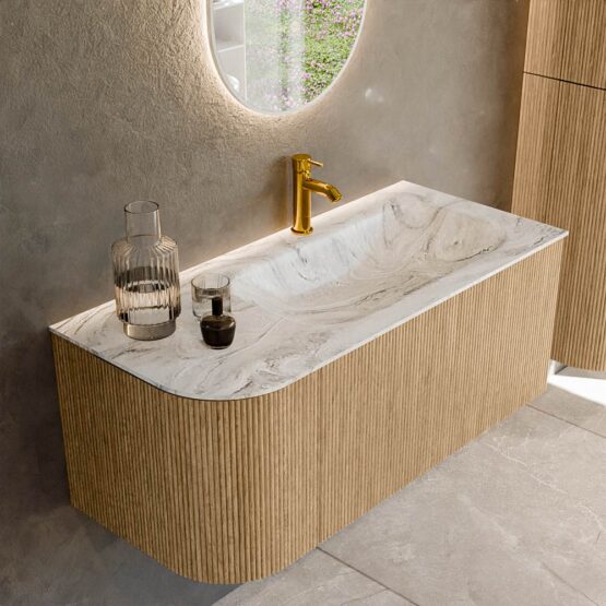 MONDIAZ KURVE-DLUX 105cm mueble de baño curva Izquierda color Oak con 1 cajón y 1 puerta. Lavabo BIG SMALL Derecho 1 orificio Glace.