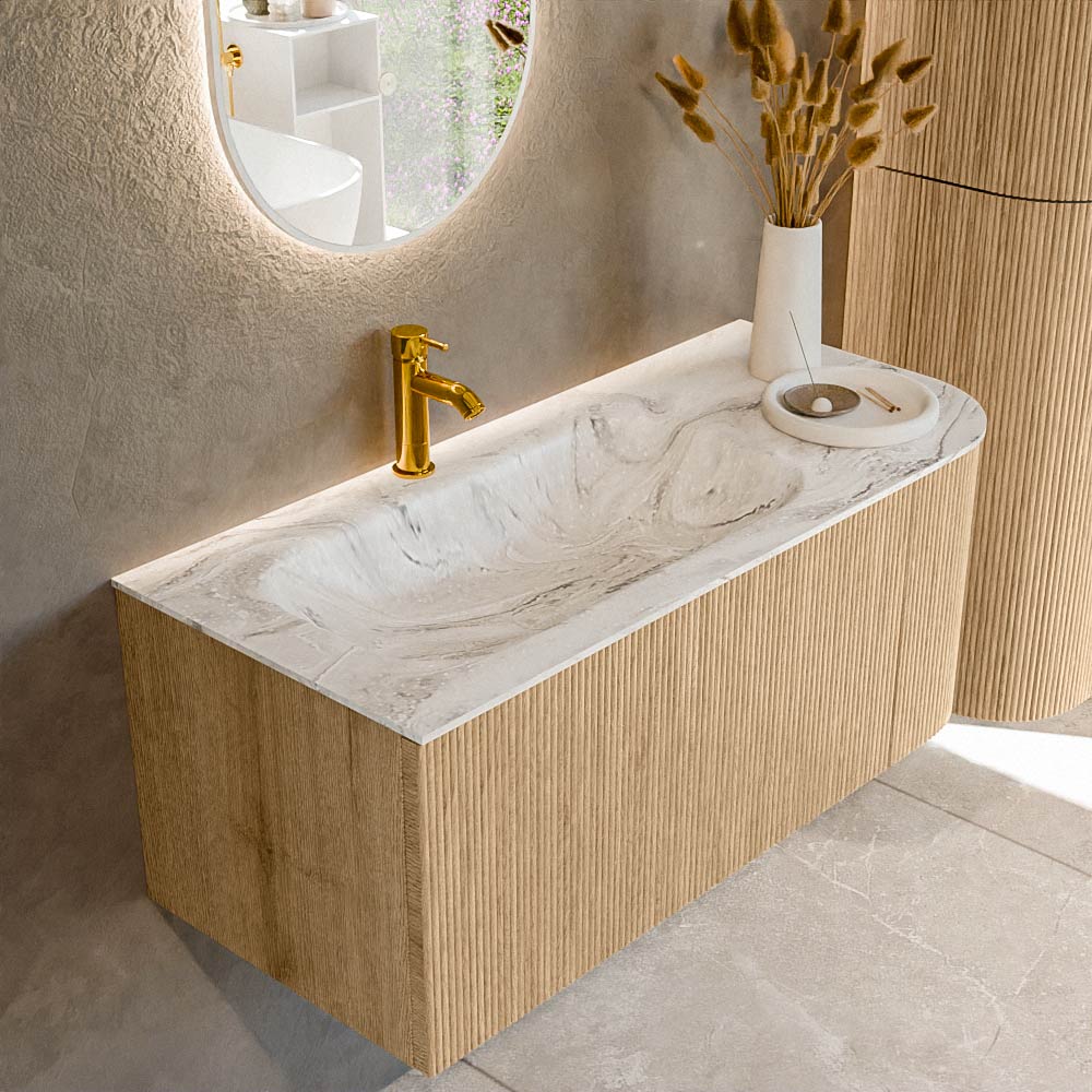 MONDIAZ KURVE-DLUX 105cm mueble de baño curva Derecha color Oak con 1 cajón y 1 puerta. Lavabo BIG SMALL Izquierda 1 orificio Glace. 1 MONDIAZ KURVE-DLUX 105cm mueble de baño curva Derecha color Oak con 1 cajón y 1 puerta. Lavabo BIG SMALL Izquierda 1 orificio Glace.
