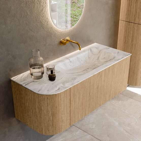 MONDIAZ KURVE-DLUX 115cm mueble de baño curva Izquierda color Oak con 1 cajón y 1 puerta. Lavabo BIG SMALL Derecho sin orificio Glace.