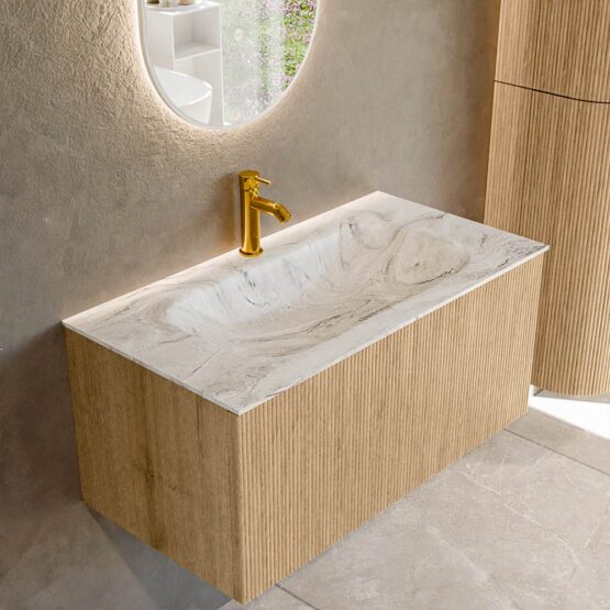 MONDIAZ KURVE-DLUX 90cm mueble de baño  color Oak con 1 cajón y sin puerta. Lavabo BIG SMALL Centro 1 orificio Glace.