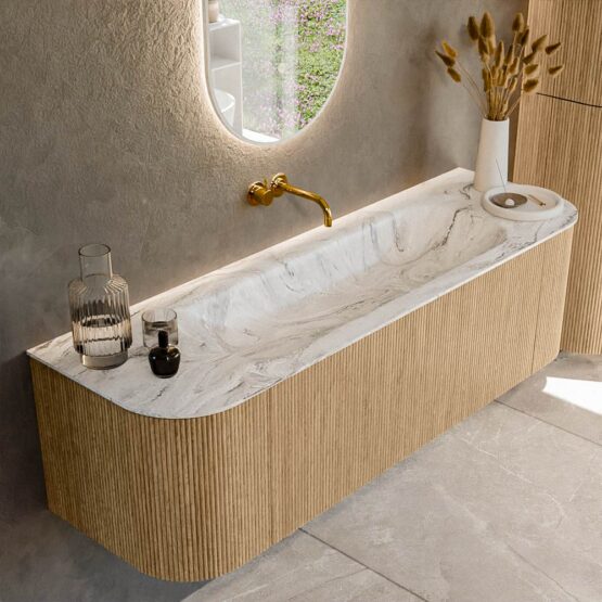 MONDIAZ KURVE-DLUX 150cm mueble de baño curva Izquierda + Derecha color Oak con 1 cajón y 2 puertas. Lavabo BIG MEDIUM Centro sin orificio Glace.