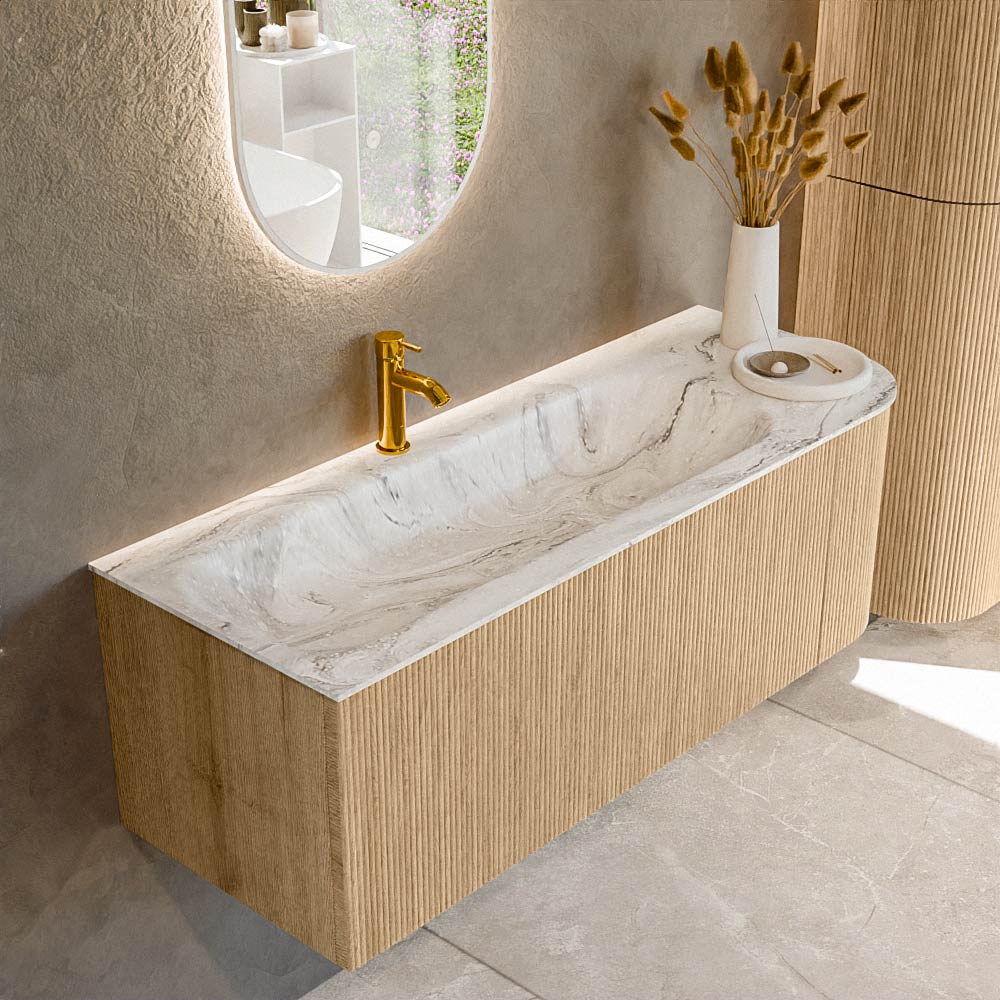 MONDIAZ KURVE-DLUX 125cm mueble de baño curva Derecha color Oak con 1 cajón y 1 puerta. Lavabo BIG MEDIUM Izquierda 1 orificio Glace. 1 MONDIAZ KURVE-DLUX 125cm mueble de baño curva Derecha color Oak con 1 cajón y 1 puerta. Lavabo BIG MEDIUM Izquierda 1 orificio Glace.