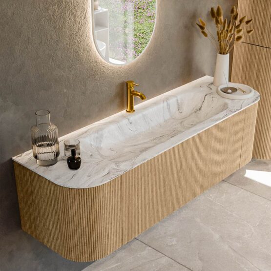 MONDIAZ KURVE-DLUX 150cm mueble de baño curva Izquierda + Derecha color Oak con 1 cajón y 2 puertas. Lavabo BIG MEDIUM Centro 1 orificio Glace.