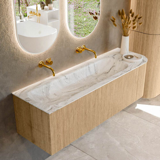 MONDIAZ KURVE-DLUX 145cm mueble de baño curva Derecha color Oak con 1 cajón y 1 puerta. Lavabo BIG LARGE Izquierda sin orificio Glace.