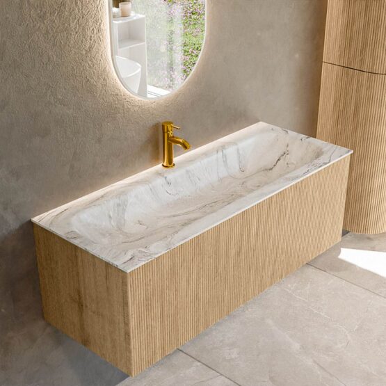 MONDIAZ KURVE-DLUX 120cm mueble de baño  color Oak con 1 cajón y sin puerta. Lavabo BIG LARGE Centro 1 orificio Glace.