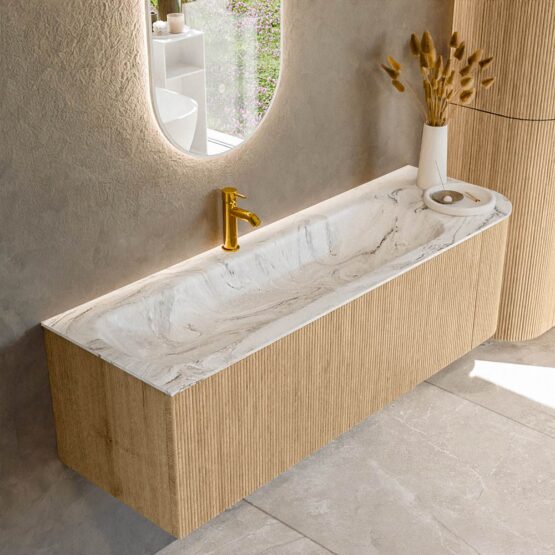 MONDIAZ KURVE-DLUX 145cm mueble de baño curva Derecha color Oak con 1 cajón y 1 puerta. Lavabo BIG LARGE Izquierda 1 orificio Glace.