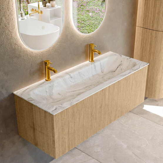 MONDIAZ KURVE-DLUX 120cm mueble de baño  color Oak con 1 cajón y sin puerta. Lavabo BIG LARGE Centro 2 orificios Glace.