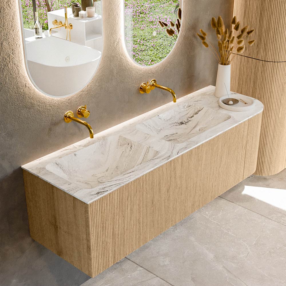 MONDIAZ KURVE-DLUX 145cm mueble de baño curva Derecha color Oak con 1 cajón y 1 puerta. Lavabo LEAF Doble / Izquierda sin orificio Glace. 1 MONDIAZ KURVE-DLUX 145cm mueble de baño curva Derecha color Oak con 1 cajón y 1 puerta. Lavabo LEAF Doble / Izquierda sin orificio Glace.