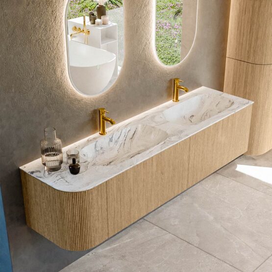 MONDIAZ KURVE-DLUX 175cm mueble de baño curva Izquierda color Oak con 2 cajones y 1 puerta. Lavabo STOR SMALL Doble / Derecho 2 orificios Glace.