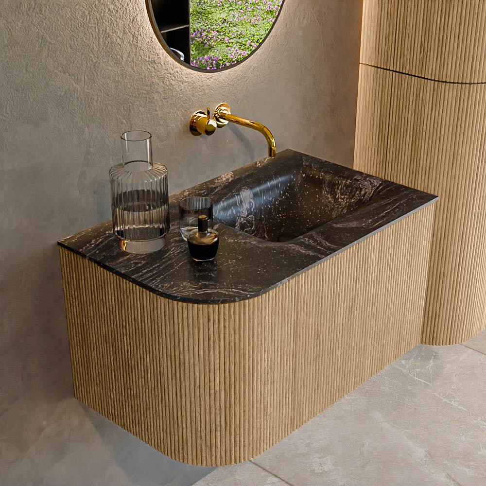 MONDIAZ KURVE-DLUX 75cm mueble de baño curva Izquierda color Oak con 1 cajón y 1 puerta. Lavabo GRUNNE Derecho sin orificio Lava. 1 MONDIAZ KURVE-DLUX 75cm mueble de baño curva Izquierda color Oak con 1 cajón y 1 puerta. Lavabo GRUNNE Derecho sin orificio Lava.