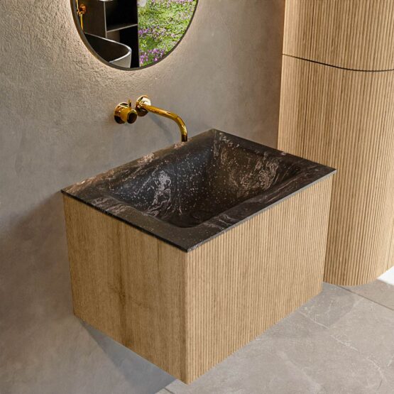 MONDIAZ KURVE-DLUX 60cm mueble de baño color Oak con 1 cajón y sin puerta. Lavabo CLOUD Centro sin orificio Lava.
