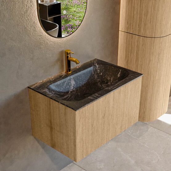 MONDIAZ KURVE-DLUX 70cm mueble de baño  color Oak con 1 cajón y sin puerta. Lavabo BIG SMALL Centro 1 orificio Lava.