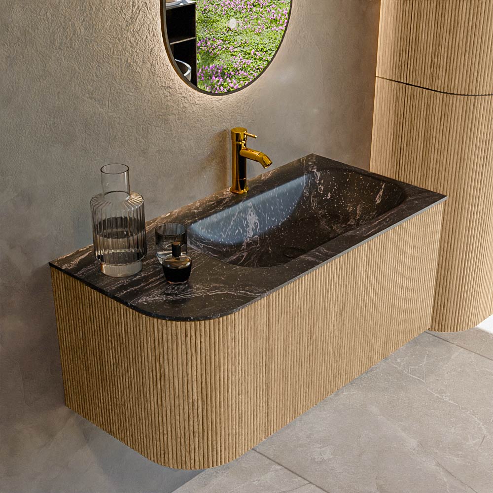 MONDIAZ KURVE-DLUX 95cm mueble de baño curva Izquierda color Oak con 1 cajón y 1 puerta. Lavabo BIG SMALL Derecho 1 orificio Lava. 1 MONDIAZ KURVE-DLUX 95cm mueble de baño curva Izquierda color Oak con 1 cajón y 1 puerta. Lavabo BIG SMALL Derecho 1 orificio Lava.
