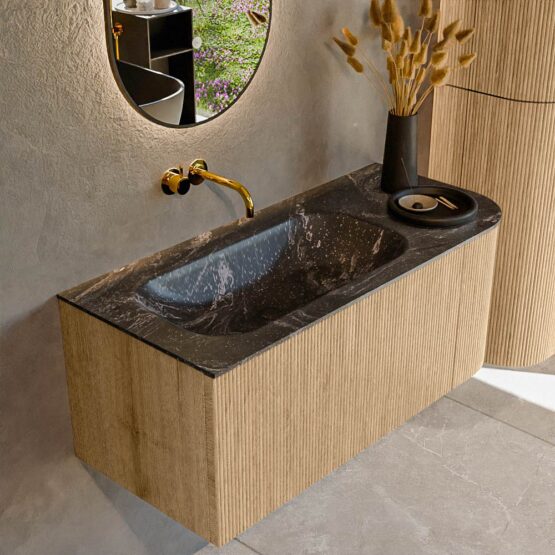 MONDIAZ KURVE-DLUX 105cm mueble de baño curva Derecha color Oak con 1 cajón y 1 puerta. Lavabo BIG SMALL Izquierda sin orificio Lava.