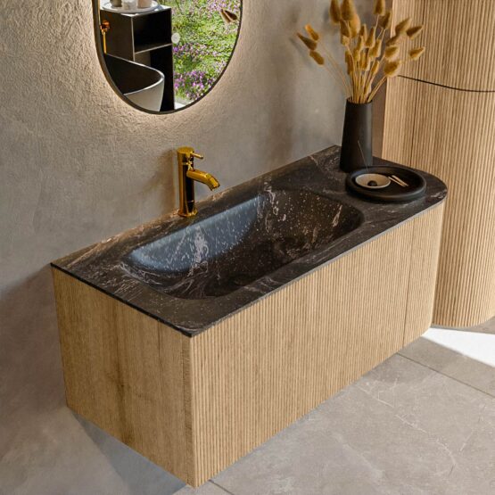 MONDIAZ KURVE-DLUX 105cm mueble de baño curva Derecha color Oak con 1 cajón y 1 puerta. Lavabo BIG SMALL Izquierda 1 orificio Lava.