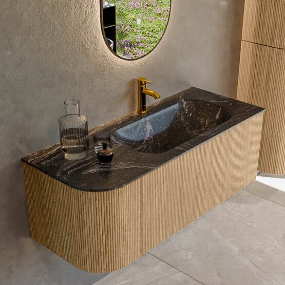 MONDIAZ KURVE-DLUX 115cm mueble de baño curva Izquierda color Oak con 1 cajón y 1 puerta. Lavabo BIG SMALL Derecho 1 orificio Lava.