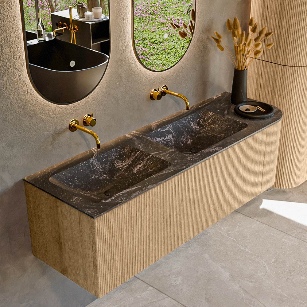 MONDIAZ KURVE-DLUX 145cm mueble de baño curva Derecha color Oak con 1 cajón y 1 puerta. Lavabo LEAF Doble / Izquierda sin orificio Lava. 1 MONDIAZ KURVE-DLUX 145cm mueble de baño curva Derecha color Oak con 1 cajón y 1 puerta. Lavabo LEAF Doble / Izquierda sin orificio Lava.