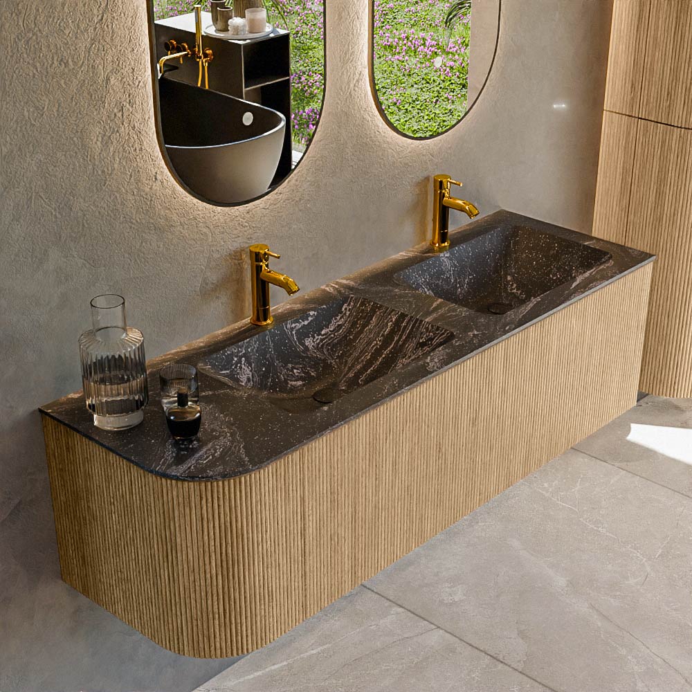 MONDIAZ KURVE-DLUX 145cm mueble de baño curva Izquierda color Oak con 1 cajón y 1 puerta. Lavabo LEAF Doble / Derecho 2 orificios Lava. 1 MONDIAZ KURVE-DLUX 145cm mueble de baño curva Izquierda color Oak con 1 cajón y 1 puerta. Lavabo LEAF Doble / Derecho 2 orificios Lava.