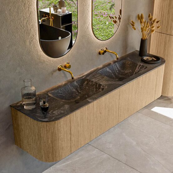 MONDIAZ KURVE-DLUX 180cm mueble de baño curva Izquierda + Derecha color Oak con 2 cajones y 2 puertas. Lavabo LEAF Doble sin orificio Lava.