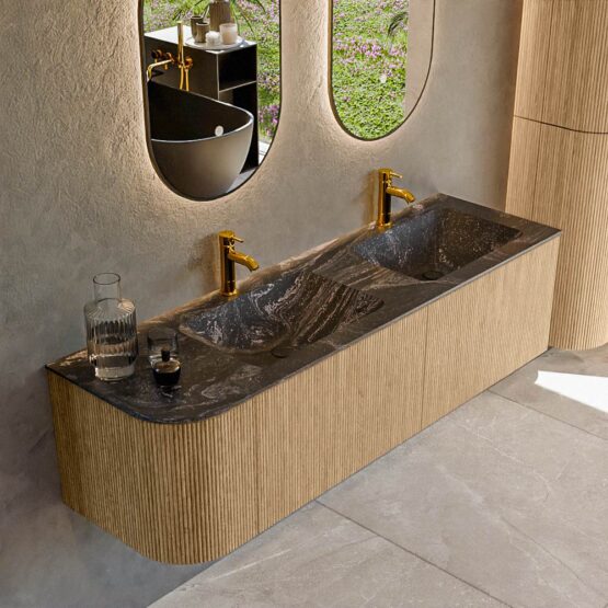 MONDIAZ KURVE-DLUX 155cm mueble de baño curva Izquierda color Oak con 2 cajones y 1 puerta. Lavabo LEAF Doble / Derecho 2 orificios Lava.