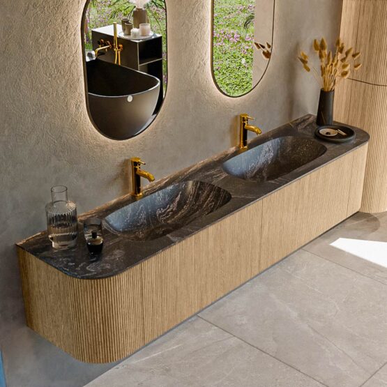 MONDIAZ KURVE-DLUX 200cm mueble de baño curva Izquierda + Derecha color Oak con 2 cajones y 2 puertas. Lavabo STOR SMALL Doble 2 orificios Lava.