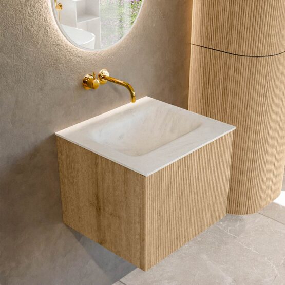 MONDIAZ KURVE-DLUX 50cm mueble de baño  color Oak con 1 cajón y sin puerta. Lavabo GRUNNE Centro sin orificio Opalo.