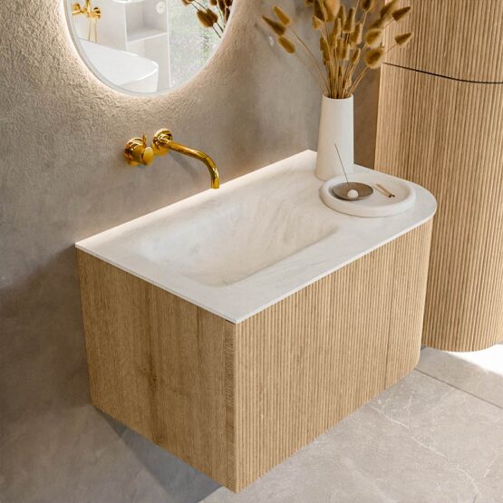 MONDIAZ KURVE-DLUX 75cm mueble de baño curva Derecha color Oak con 1 cajón y 1 puerta. Lavabo GRUNNE Izquierda sin orificio Opalo.