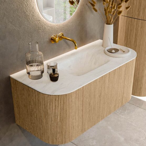 MONDIAZ KURVE-DLUX 100cm mueble de baño curva Izquierda + Derecha color Oak con 1 cajón y 2 puertas. Lavabo GRUNNE Centro sin orificio Opalo.