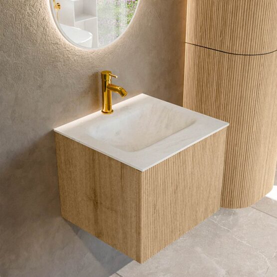 MONDIAZ KURVE-DLUX 50cm mueble de baño  color Oak con 1 cajón y sin puerta. Lavabo GRUNNE Centro 1 orificio Opalo.