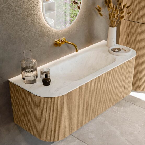 MONDIAZ KURVE-DLUX 120cm mueble de baño curva Izquierda + Derecha color Oak con 1 cajón y 2 puertas. Lavabo BIG SMALL Centro sin orificio Opalo.