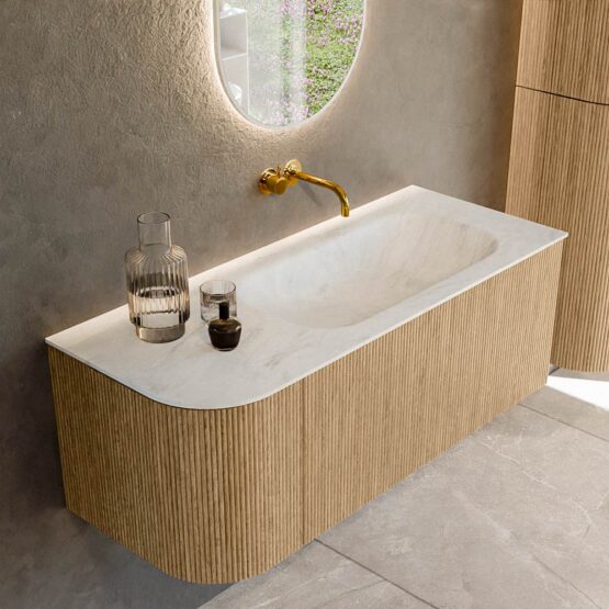 MONDIAZ KURVE-DLUX 115cm mueble de baño curva Izquierda color Oak con 1 cajón y 1 puerta. Lavabo BIG SMALL Derecho sin orificio Opalo.