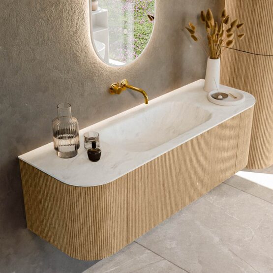 MONDIAZ KURVE-DLUX 140cm mueble de baño curva Izquierda + Derecha color Oak con 1 cajón y 2 puertas. Lavabo BIG SMALL Centro sin orificio Opalo.