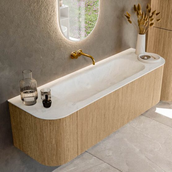 MONDIAZ KURVE-DLUX 150cm mueble de baño curva Izquierda + Derecha color Oak con 1 cajón y 2 puertas. Lavabo BIG MEDIUM Centro sin orificio Opalo.