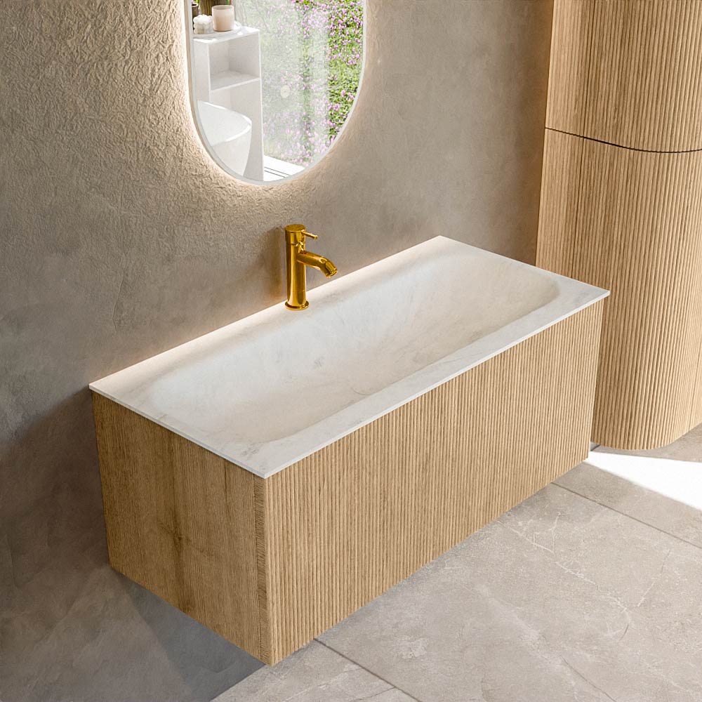 MONDIAZ KURVE-DLUX 100cm mueble de baño color Oak con 1 cajón y sin puerta. Lavabo BIG MEDIUM Centro 1 orificio Opalo. 1 MONDIAZ KURVE-DLUX 100cm mueble de baño color Oak con 1 cajón y sin puerta. Lavabo BIG MEDIUM Centro 1 orificio Opalo.
