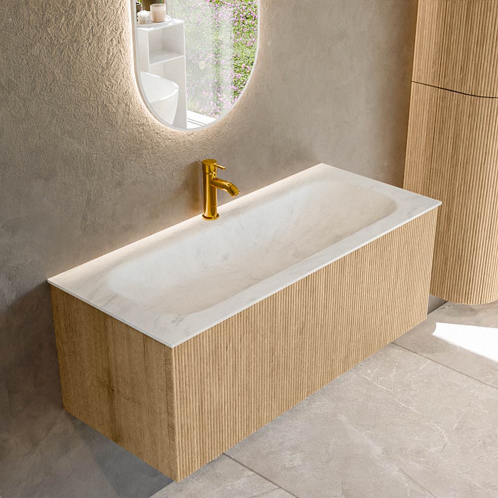 MONDIAZ KURVE-DLUX 110cm mueble de baño color Oak con 1 cajón y sin puerta. Lavabo BIG MEDIUM Centro 1 orificio Opalo. 1 MONDIAZ KURVE-DLUX 110cm mueble de baño color Oak con 1 cajón y sin puerta. Lavabo BIG MEDIUM Centro 1 orificio Opalo.