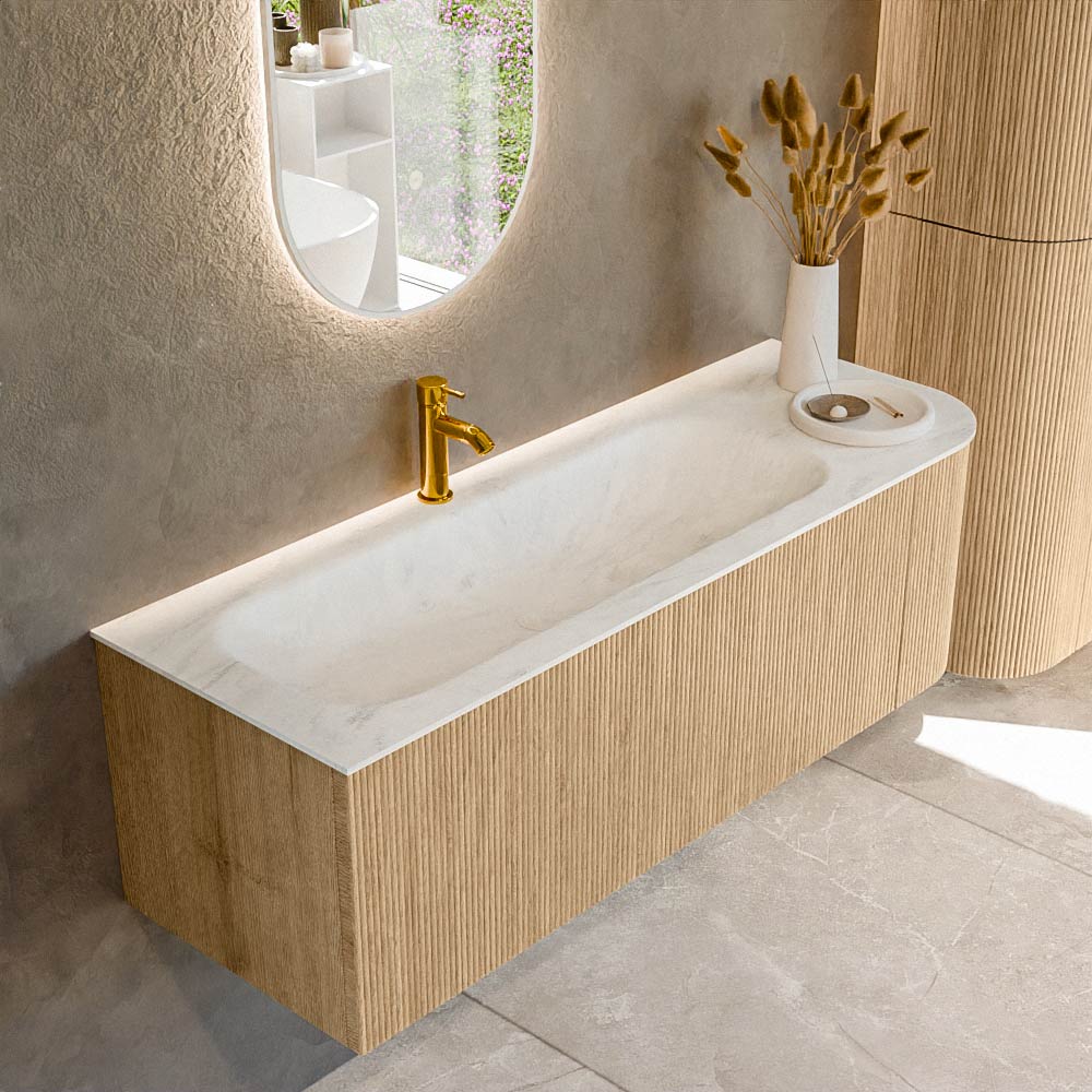 MONDIAZ KURVE-DLUX 135cm mueble de baño curva Derecha color Oak con 1 cajón y 1 puerta. Lavabo BIG MEDIUM Izquierda 1 orificio Opalo. 1 MONDIAZ KURVE-DLUX 135cm mueble de baño curva Derecha color Oak con 1 cajón y 1 puerta. Lavabo BIG MEDIUM Izquierda 1 orificio Opalo.