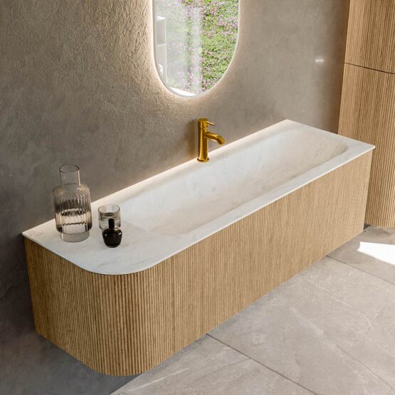 MONDIAZ KURVE-DLUX 145cm mueble de baño curva Izquierda color Oak con 1 cajón y 1 puerta. Lavabo BIG LARGE Derecho 1 orificio Opalo.