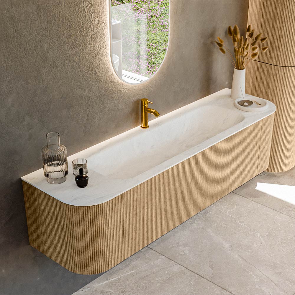 MONDIAZ KURVE-DLUX 170cm mueble de baño curva Izquierda + Derecha color Oak con 1 cajón y 2 puertas. Lavabo BIG LARGE Centro 1 orificio Opalo. 1 MONDIAZ KURVE-DLUX 170cm mueble de baño curva Izquierda + Derecha color Oak con 1 cajón y 2 puertas. Lavabo BIG LARGE Centro 1 orificio Opalo.