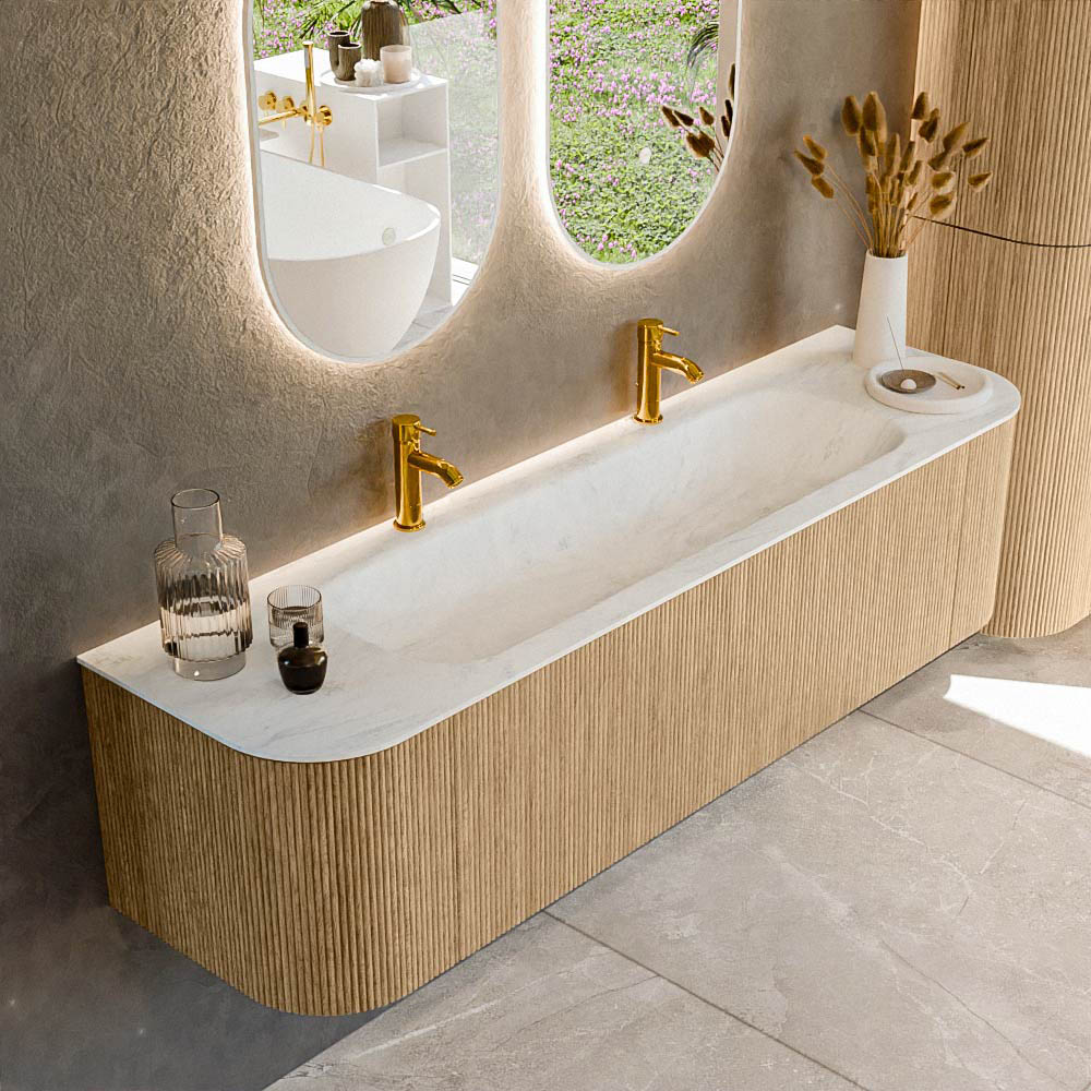 MONDIAZ KURVE-DLUX 170cm mueble de baño curva Izquierda + Derecha color Oak con 1 cajón y 2 puertas. Lavabo BIG LARGE Centro 2 orificios Opalo. 1 MONDIAZ KURVE-DLUX 170cm mueble de baño curva Izquierda + Derecha color Oak con 1 cajón y 2 puertas. Lavabo BIG LARGE Centro 2 orificios Opalo.