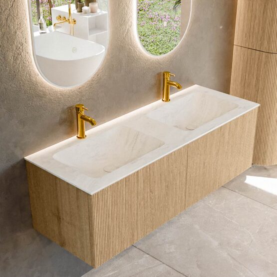 MONDIAZ KURVE-DLUX 130cm mueble de baño  color Oak con 2 cajones y sin puerta. Lavabo LEAF Doble 2 orificios Opalo.