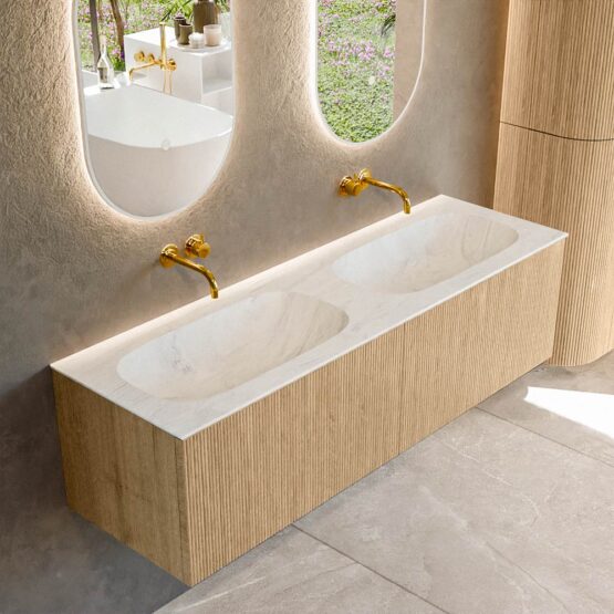 MONDIAZ KURVE-DLUX 150cm mueble de baño  color Oak con 2 cajones y sin puerta. Lavabo STOR SMALL Doble sin orificio Opalo.