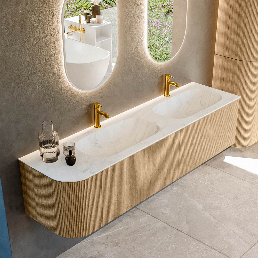 MONDIAZ KURVE-DLUX 175cm mueble de baño curva Izquierda color Oak con 2 cajones y 1 puerta. Lavabo STOR SMALL Doble / Derecho 2 orificios Opalo. 1 MONDIAZ KURVE-DLUX 175cm mueble de baño curva Izquierda color Oak con 2 cajones y 1 puerta. Lavabo STOR SMALL Doble / Derecho 2 orificios Opalo.