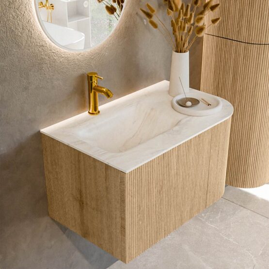 MONDIAZ KURVE-DLUX 75cm mueble de baño curva Derecha color Oak con 1 cajón y 1 puerta. Lavabo GRUNNE Izquierda 1 orificio Ostra.