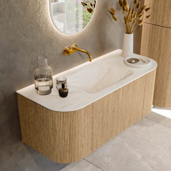 MONDIAZ KURVE-DLUX 110cm mueble de baño curva Izquierda + Derecha color Oak con 1 cajón y 2 puertas. Lavabo CLOUD Centro sin orificio Ostra.