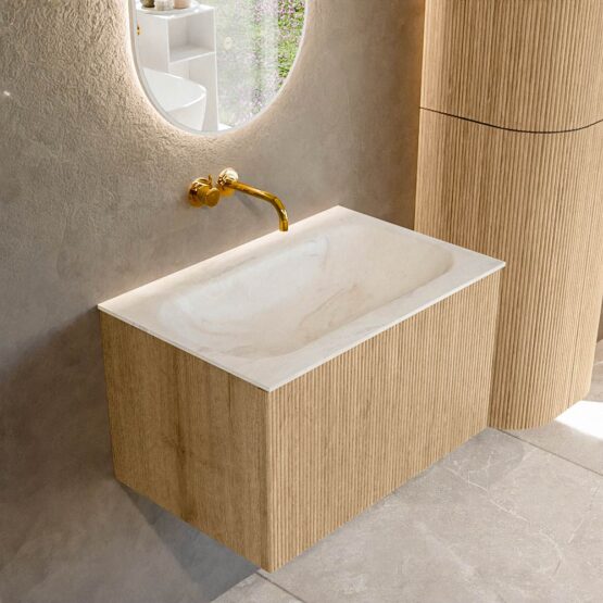 MONDIAZ KURVE-DLUX 70cm mueble de baño  color Oak con 1 cajón y sin puerta. Lavabo BIG SMALL Centro sin orificio Ostra.