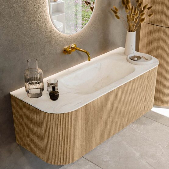MONDIAZ KURVE-DLUX 120cm mueble de baño curva Izquierda + Derecha color Oak con 1 cajón y 2 puertas. Lavabo BIG SMALL Centro sin orificio Ostra.