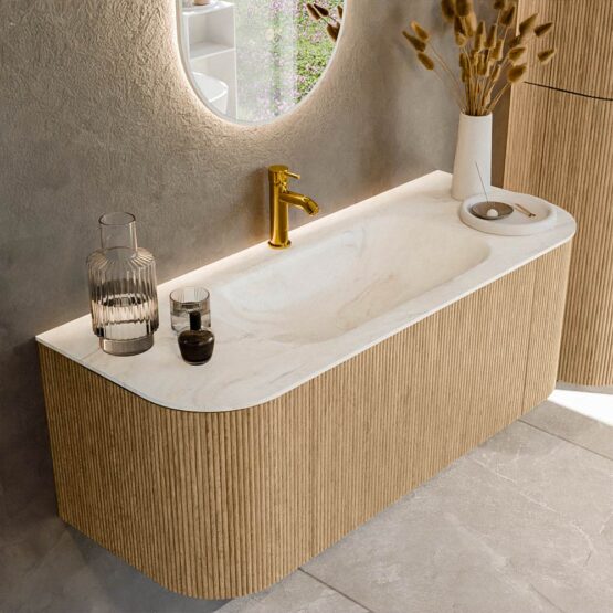MONDIAZ KURVE-DLUX 120cm mueble de baño curva Izquierda + Derecha color Oak con 1 cajón y 2 puertas. Lavabo BIG SMALL Centro 1 orificio Ostra.