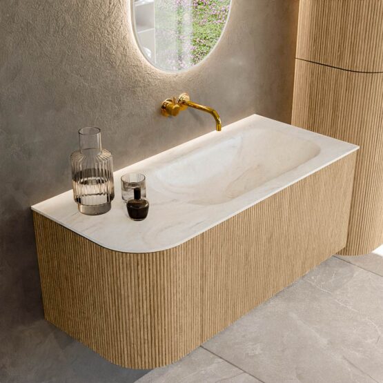 MONDIAZ KURVE-DLUX 105cm mueble de baño curva Izquierda color Oak con 1 cajón y 1 puerta. Lavabo BIG SMALL Derecho sin orificio Ostra.